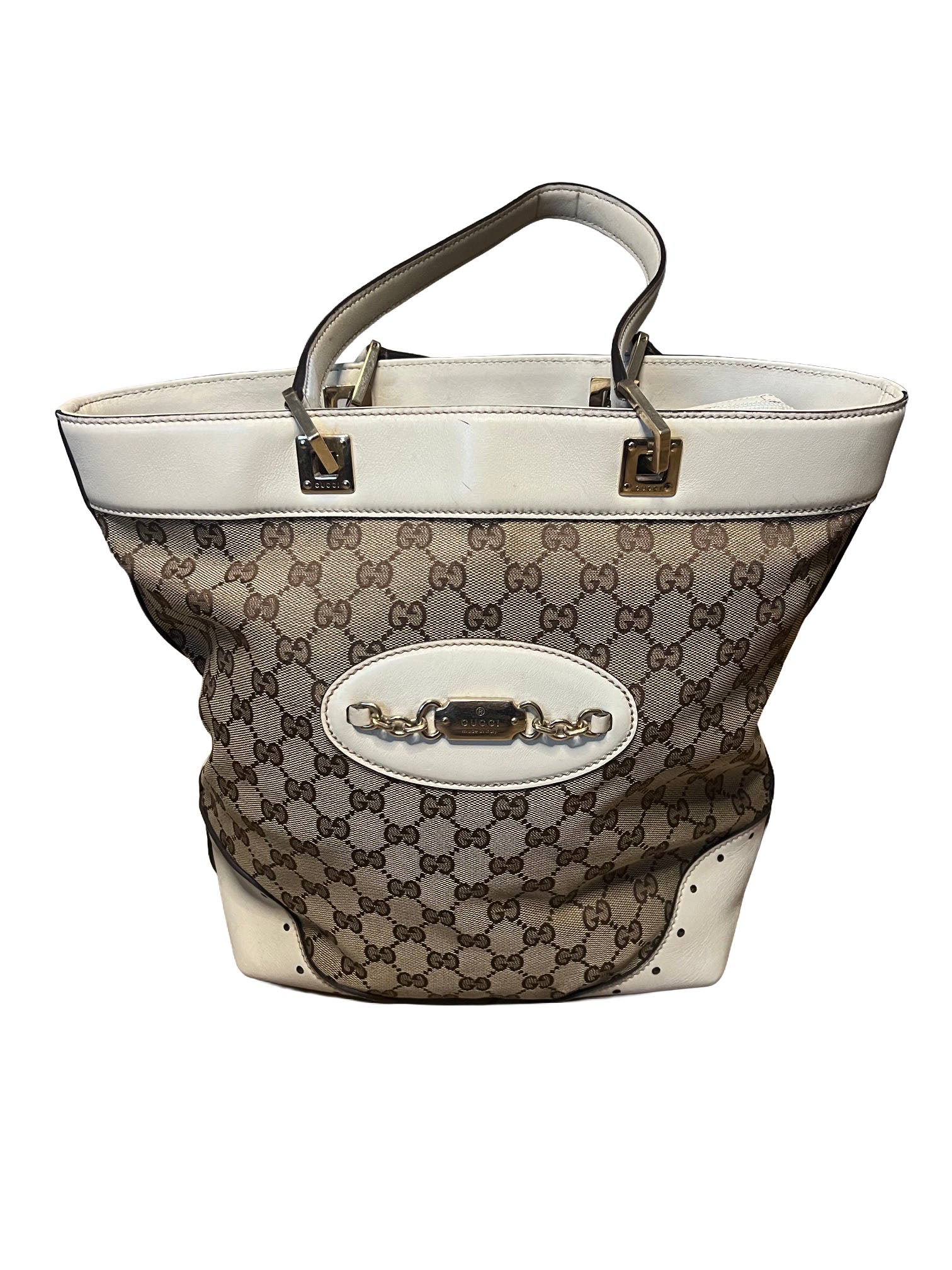 Gucci GG Beige Canvas and White Leather Tote Bag