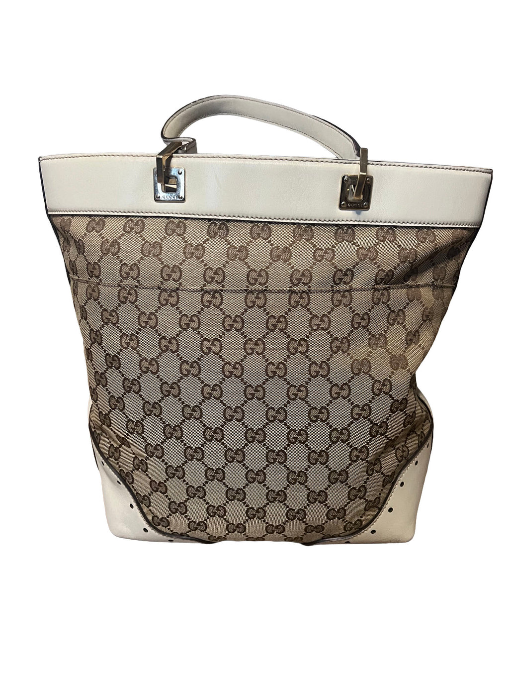 Gucci GG Beige Canvas and White Leather Tote Bag