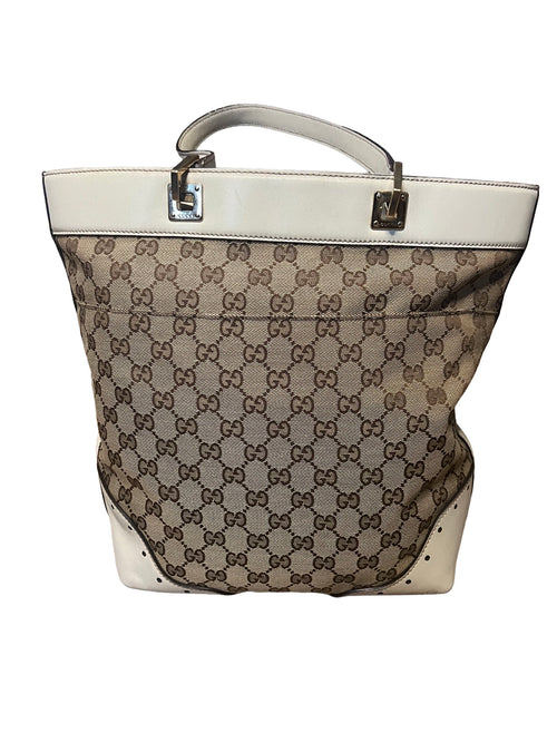 Gucci GG Beige Canvas and White Leather Tote Bag