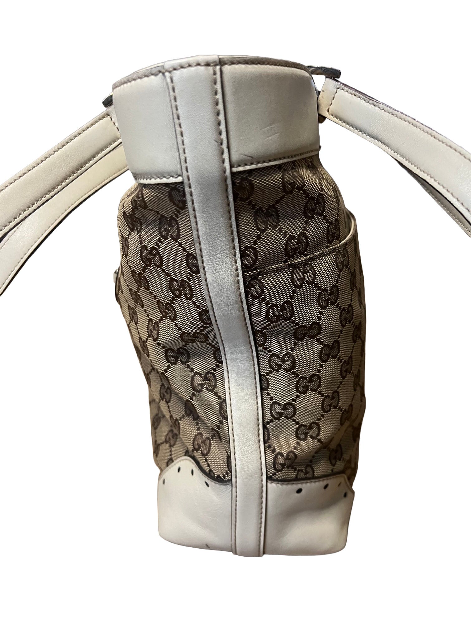 Gucci GG Beige Canvas and White Leather Tote Bag